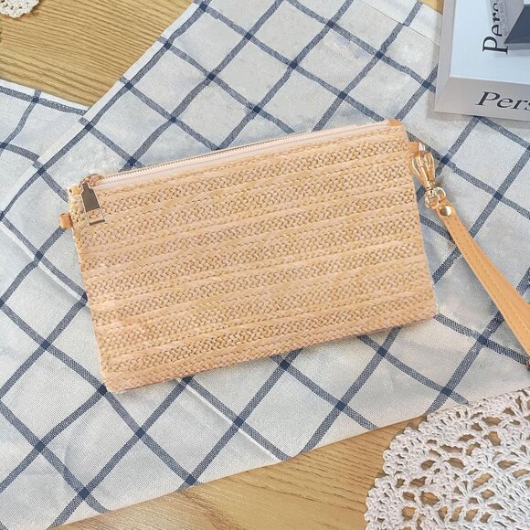 Straw Clutch Purse Women's Handbag Boho Beach Wallet Compact Beige Leather - Picture 3 of 7